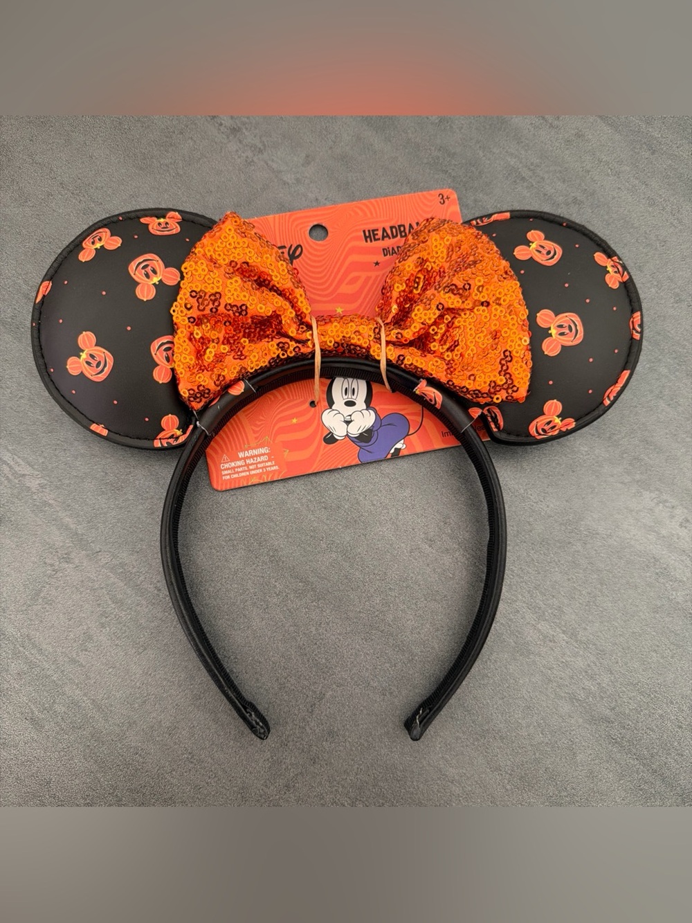Disney Halloween Minnie Headband with Orange Sequin Bow and Black Pumpkin Ears